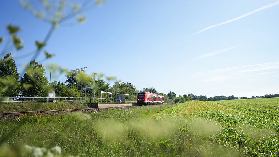 Ein roter Regionalzug am Haltepunkt Plüschow