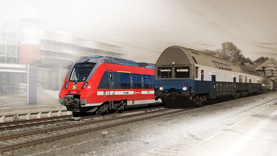 Fotomontage eines neuen S-Bahn-Zuges neben einem alten.